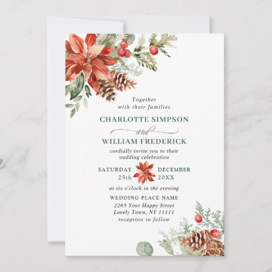 赤エレガントポインセチア松モミの水の色結婚の 招待状 (正面)