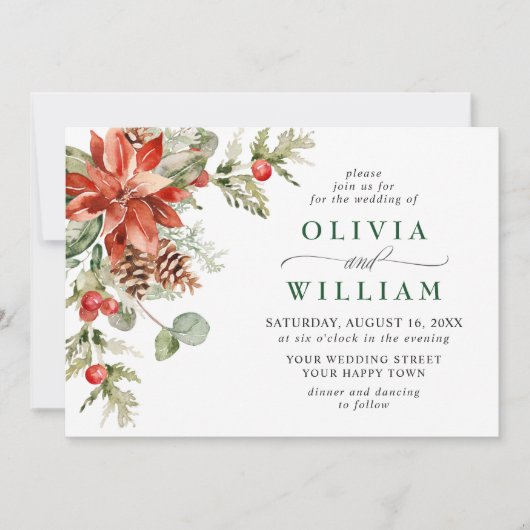 赤エレガントポインセチア松モミの水の色結婚の 招待状 (正面)