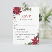 赤エレガントポインセチア水彩松毛結婚の 出欠カード (スタンド正面)