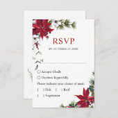 赤エレガントポインセチア水彩松毛結婚の 出欠カード (正面/裏面)