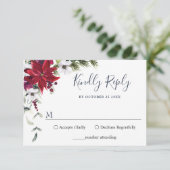 赤エレガントポインセチア水彩松毛結婚の 出欠カード (スタンド正面)