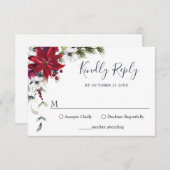 赤エレガントポインセチア水彩松毛結婚の 出欠カード (正面/裏面)
