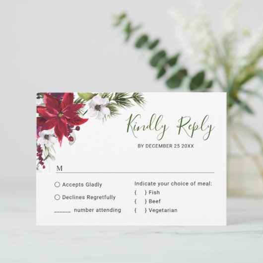 赤エレガントポインセチア水彩松毛結婚の 出欠カード (スタンド正面)