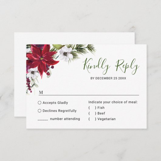 赤エレガントポインセチア水彩松毛結婚の 出欠カード (正面/裏面)