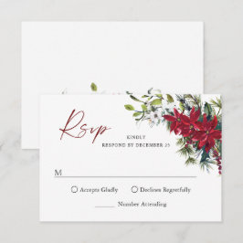 赤エレガントポインセチア結婚クリスマス 出欠カード
