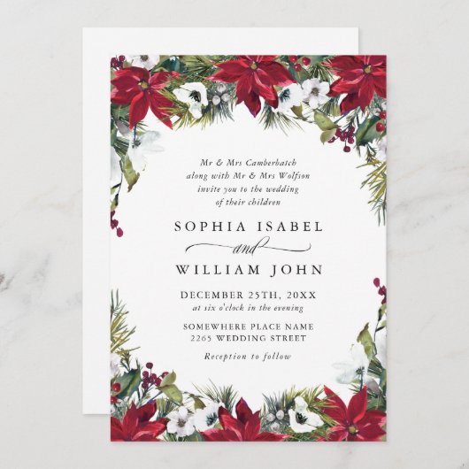赤エレガントポインセチア結婚クリスマス 招待状 (正面/裏面)