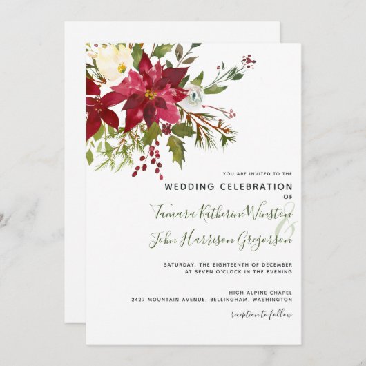 赤エレガントポインセチア緑のクリスマ結婚ス 招待状 (正面/裏面)
