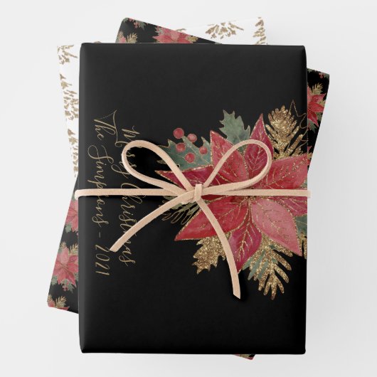 赤エレガントポインセチア花金ゴールドクリスマスツリー ラッピングペーパーシート (インサイチュ)
