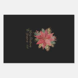 赤エレガントポインセチア花金ゴールドクリスマスツリー ラッピングペーパーシート