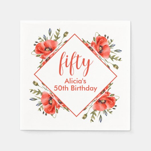 赤エレガントポピー緑5誕生日 スタンダードカクテルナプキン (正面)