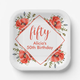 赤エレガントポピー緑5誕生日 ペーパープレート