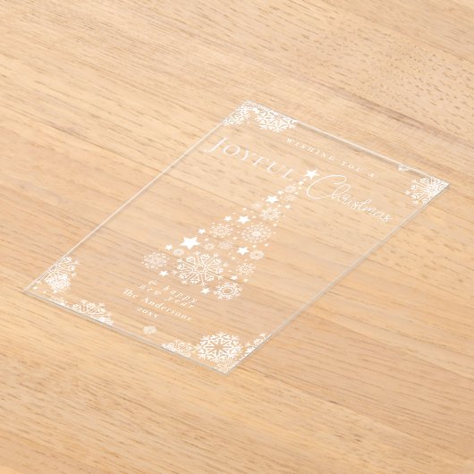 赤エレガントメリークリスマスツリー雪 アクリル招待状 (レイダウン)