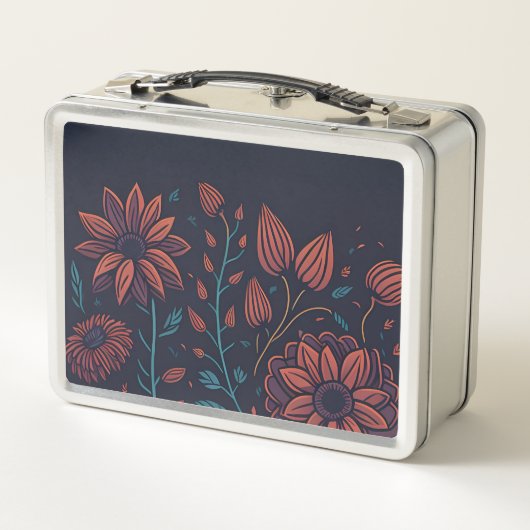 赤エレガントモダンと青のフローラパーソナライズされた メタルランチボックス (裏面)