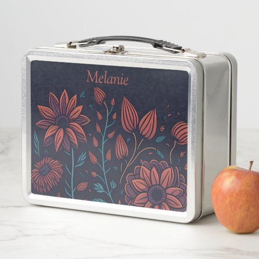 赤エレガントモダンと青のフローラパーソナライズされた メタルランチボックス (インサイチュ)