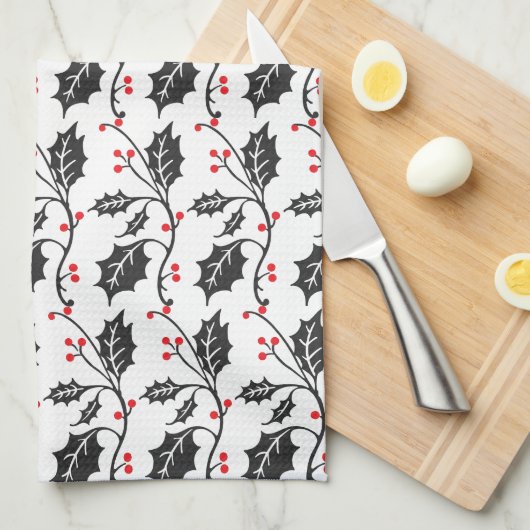 赤エレガントモダンと黒のホリーパターン キッチンタオル (四つ折り)