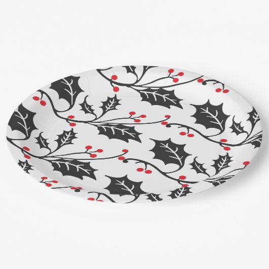 赤エレガントモダンと黒のホリーパターン ペーパープレート (アングル)