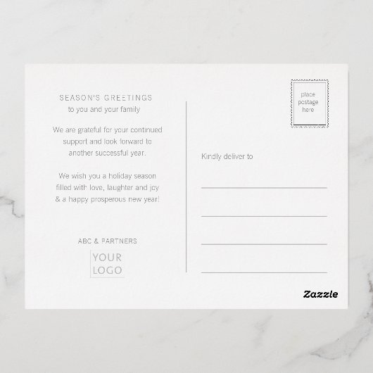 赤エレガントモダンビジネスの季節の挨拶 箔シーズンポストカード (裏面)