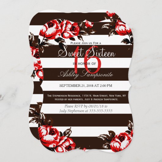 赤エレガントモダンフローラと白黒ストライプ 招待状 (正面/裏面)