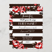 赤エレガントモダンフローラと白黒ストライプ 招待状 (正面/裏面)