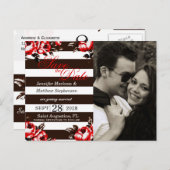 赤エレガントモダンフローラと白黒ストライプ 案内ポストカード (正面/裏面)