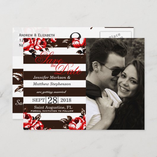 赤エレガントモダンフローラと白黒ストライプ 案内ポストカード (正面/裏面)