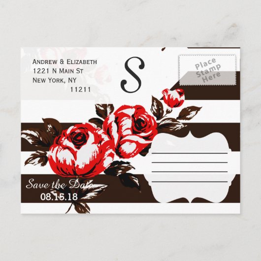 赤エレガントモダンフローラと白黒ストライプ 案内ポストカード (裏面)