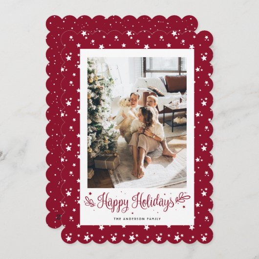 赤エレガントモダン写真ハッピーホリデイズカード シーズンカード (正面/裏面)