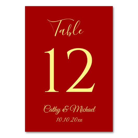 赤エレガントモダン結婚の表の番号 テーブルナンバー (裏面)