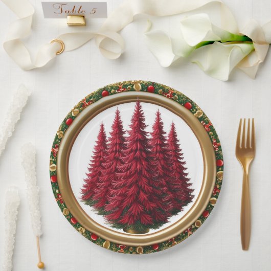 赤エレガントリースベリー金ゴールドメリークリスマスツリー ペーパープレート (ウェディング)