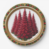 赤エレガントリースベリー金ゴールドメリークリスマスツリー ペーパープレート (正面)