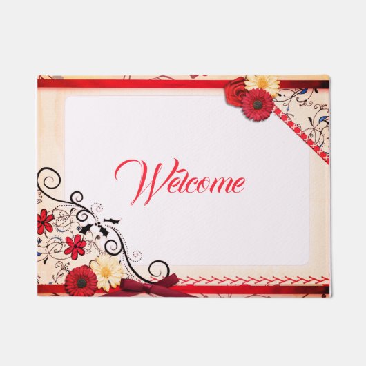 赤エレガントローズクリムゾン縁どブラック装飾品 ドアマット (正面)