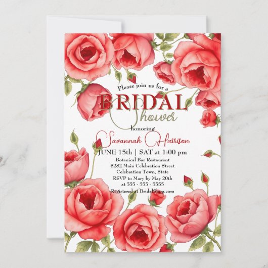 赤エレガントローズフローラ縁どブライダルシャワー 招待状 (正面)