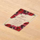 赤エレガントローズフローラ金ゴールド80th誕生日パーティー アクリル招待状 (レイダウン)