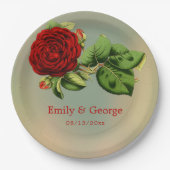 赤エレガントローズロマンチック夏のフローラ結婚ズ ペーパープレート (正面)