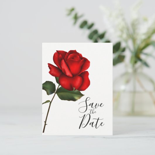 赤エレガントローズロングステムウェディング日付を保存 案内ポストカード (スタンド正面)