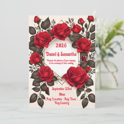 赤エレガントローズ結婚式招待状テンプレート 招待状 (スタンド正面)