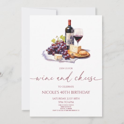 赤エレガントワインとチーズの誕生日パーティー 招待状 (正面)