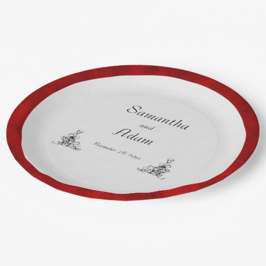 赤エレガントヴィンテージオーナメント結婚 ペーパープレート (アングル)