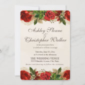 赤エレガントヴィンテージバラ金ゴールド結婚式招待状 招待状 (正面)