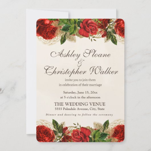 赤エレガントヴィンテージバラ金ゴールド結婚式招待状 招待状 (正面)