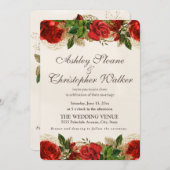 赤エレガントヴィンテージバラ金ゴールド結婚式招待状 招待状 (正面/裏面)