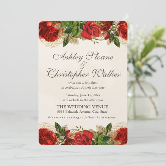 赤エレガントヴィンテージバラ金ゴールド結婚式招待状 招待状 (スタンド正面)