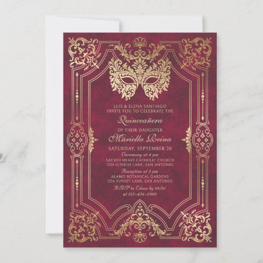 赤エレガント仮装マスクキンセアニェラ 招待状 (正面)