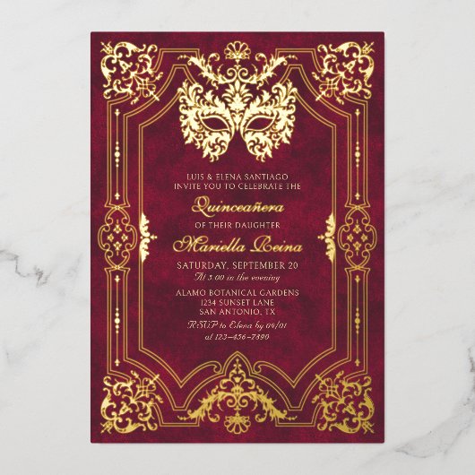 赤エレガント仮装マスクキンセアニェラ 箔招待状 (正面)