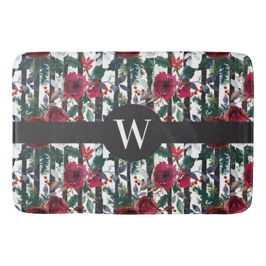 赤エレガント冬バラブラックストライプ バスマット (正面)