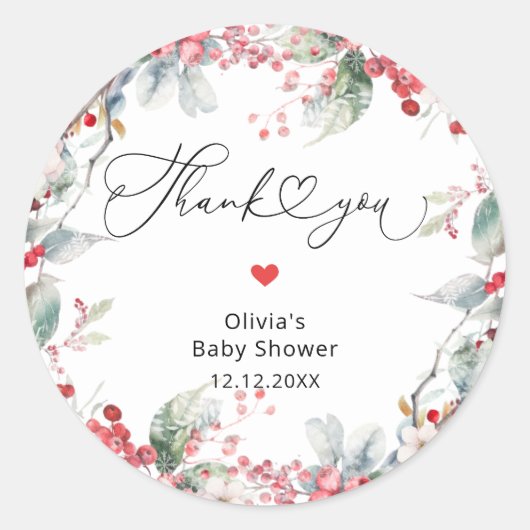 赤エレガント冬フローラ赤ちゃんシャワーありがとう ラウンドシール (正面)
