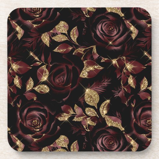赤エレガント及び金ゴールドバラ花柄 コースター (正面)
