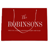 赤エレガント名前をカスタムするモダンクリスマス ラージペーパーバッグ (正面)