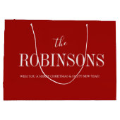 赤エレガント名前をカスタムするモダンクリスマス ラージペーパーバッグ (裏面)