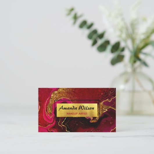 赤エレガント大理石アートフェイク金ゴールドグリッター 名刺 (スタンド正面)
